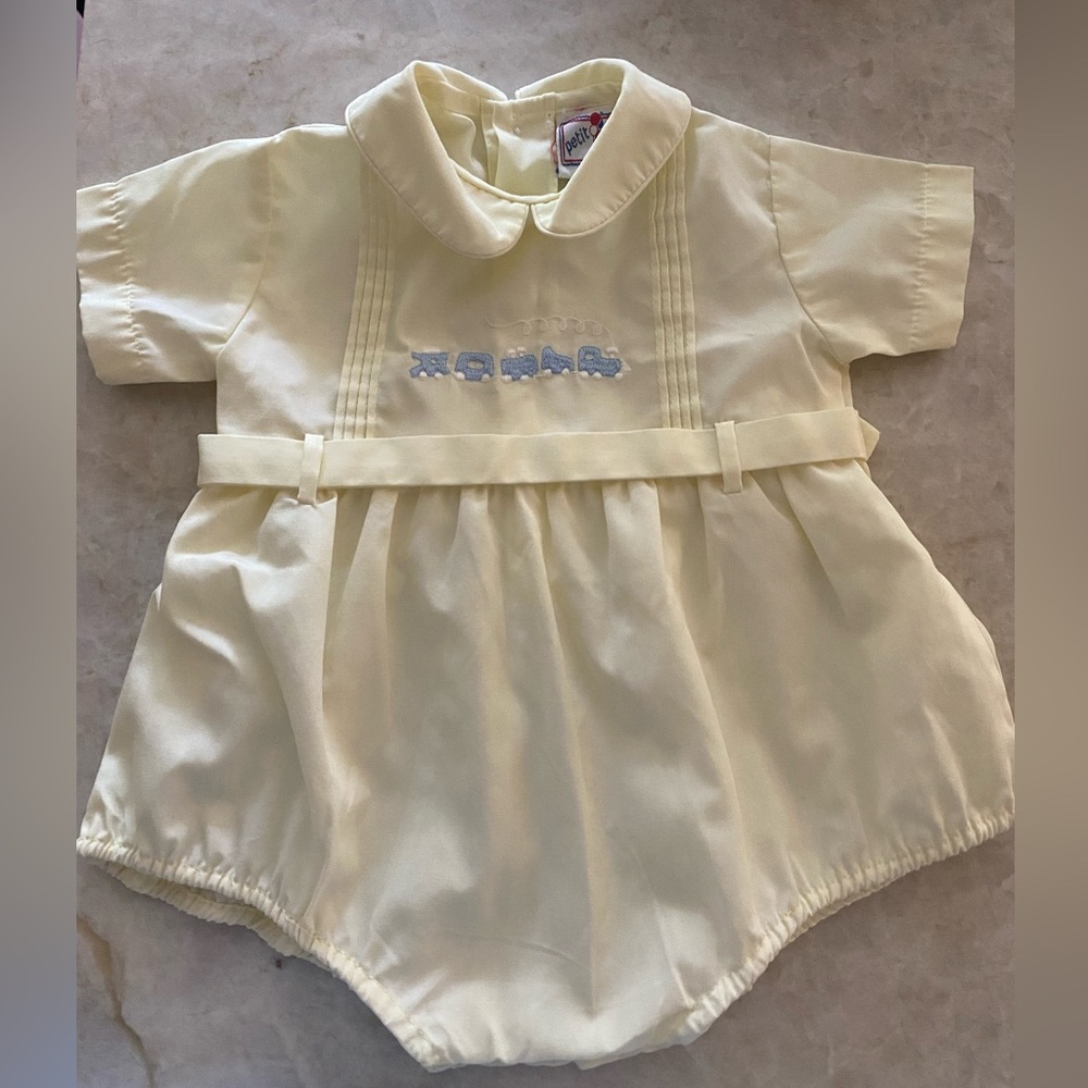Petit Ami vintage baby boy train romper